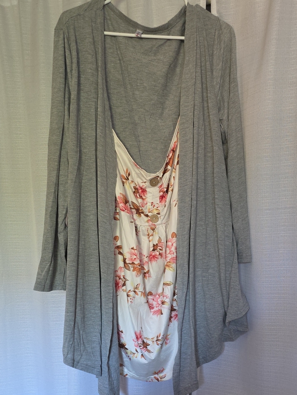 Gray Drape Cardigan Over Floral Slip Dress
